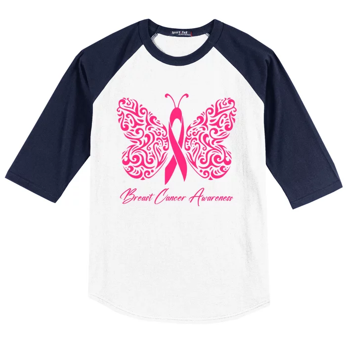 Breast Cancer Awareness Pink Butterfly Ribbon Baseball Sleeve Shirt