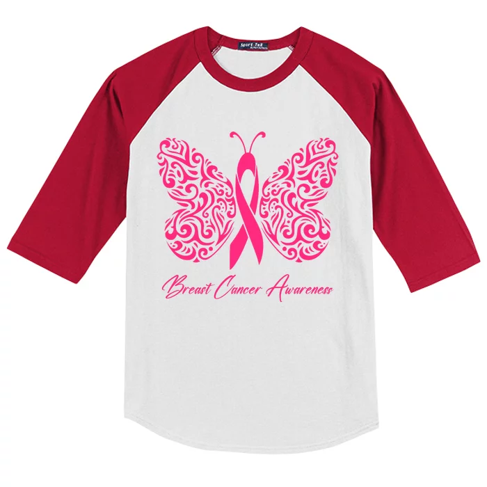 Breast Cancer Awareness Pink Butterfly Ribbon Kids Colorblock Raglan Jersey