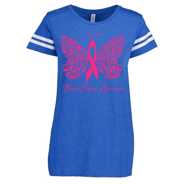 Breast Cancer Awareness Pink Butterfly Ribbon Enza Ladies Jersey Football T-Shirt