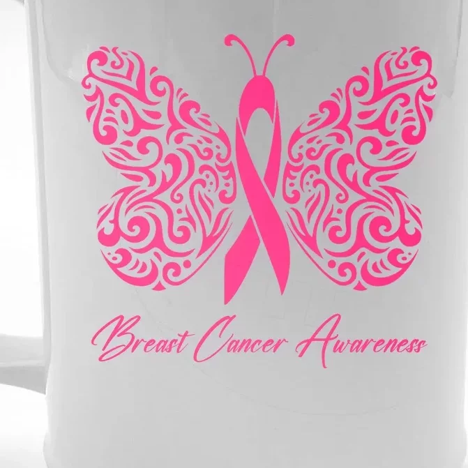 Breast Cancer Awareness Pink Butterfly Ribbon Front & Back Beer Stein