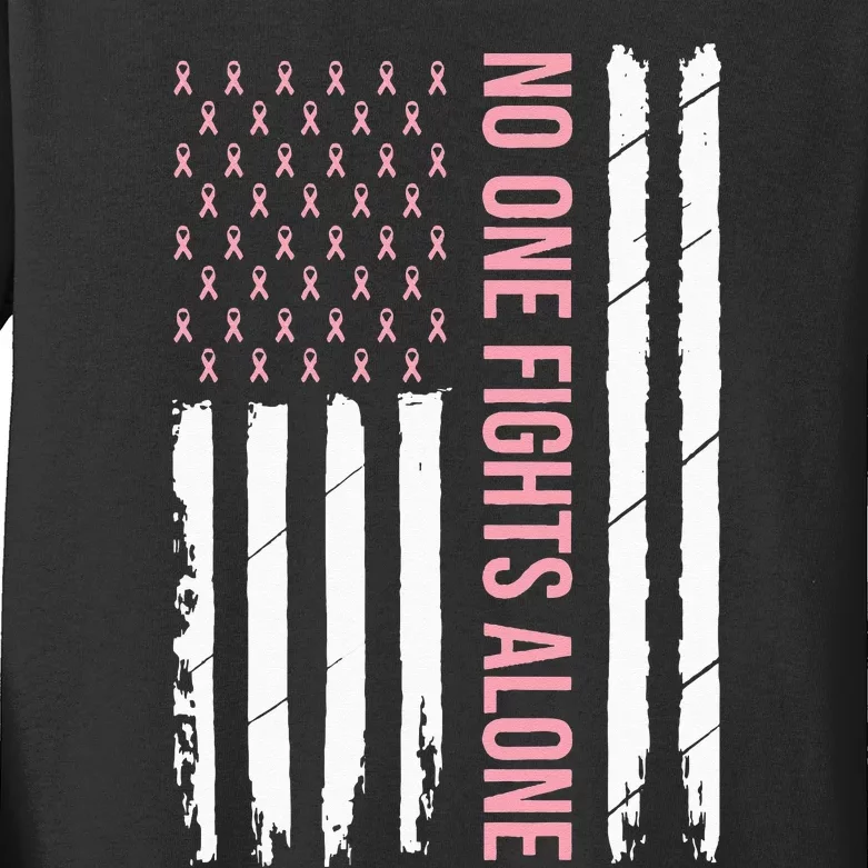 Breast Cancer Awareness Pink Ribbon USA American Flag Kids Long Sleeve Shirt