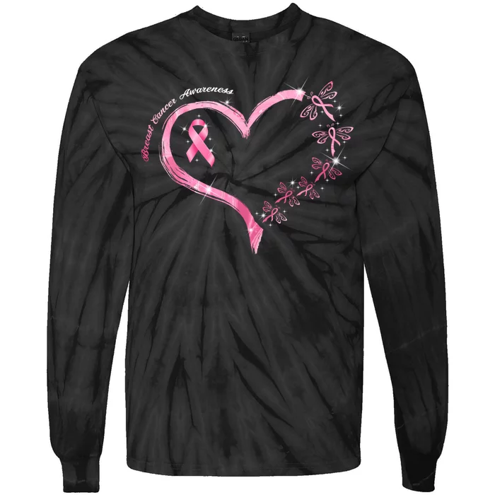 Breast Cancer Awareness Butterfly Simple Logo Tie-Dye Long Sleeve Shirt