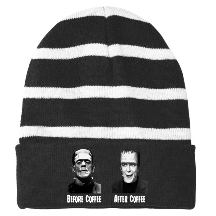 Before Coffee After Coffee Funny Monster Striped Beanie with Solid Band