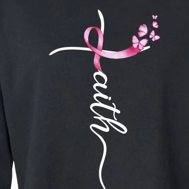 Breast Cancer Awareness Faith Cross Pink Ribbon Cropped Pullover Crew