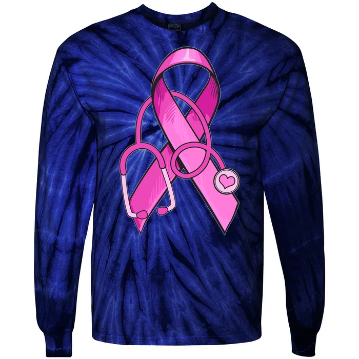 Breast Cancer Awareness Pink Ribbon Stethoscope Tie-Dye Long Sleeve Shirt