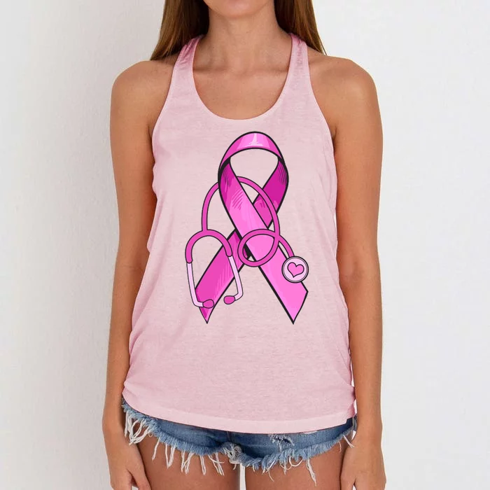 Breast Cancer Awareness Pink Ribbon Stethoscope Women's Knotted Racerback Tank