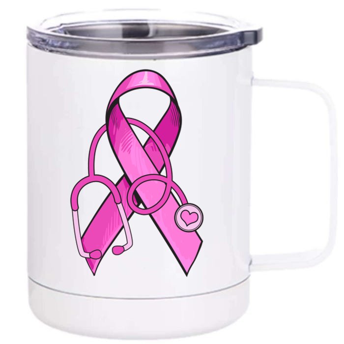 Breast Cancer Awareness Pink Ribbon Stethoscope Front & Back 12oz Stainless Steel Tumbler Cup