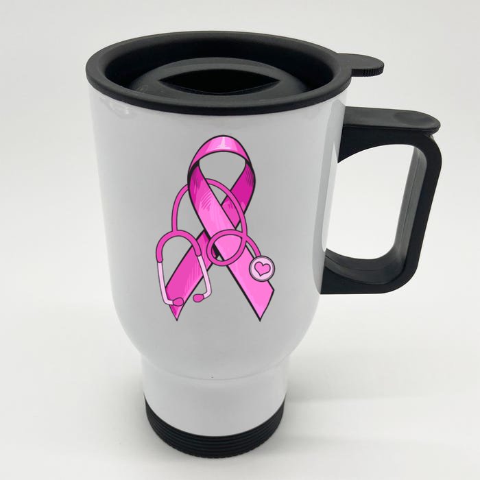 Breast Cancer Awareness Pink Ribbon Stethoscope Front & Back Stainless Steel Travel Mug