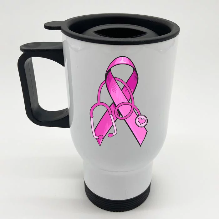 Breast Cancer Awareness Pink Ribbon Stethoscope Front & Back Stainless Steel Travel Mug