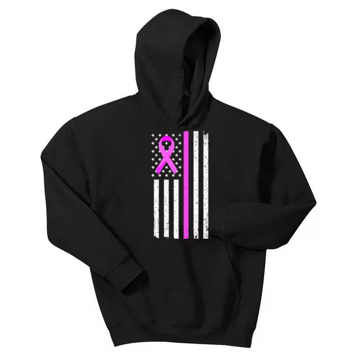 Breast Cancer Awareness Month USA Flag Patriot Pink Ribbon Kids Hoodie