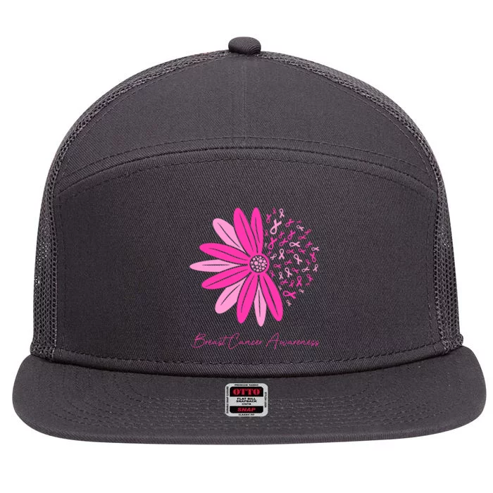 Breast Cancer Awareness Sunflower Ribbon 7 Panel Mesh Trucker Snapback Hat