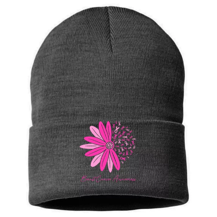 Breast Cancer Awareness Sunflower Ribbon Sustainable Knit Beanie