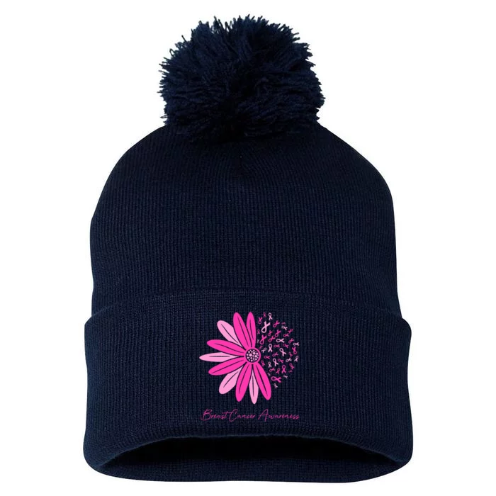 Breast Cancer Awareness Sunflower Ribbon Pom Pom 12in Knit Beanie