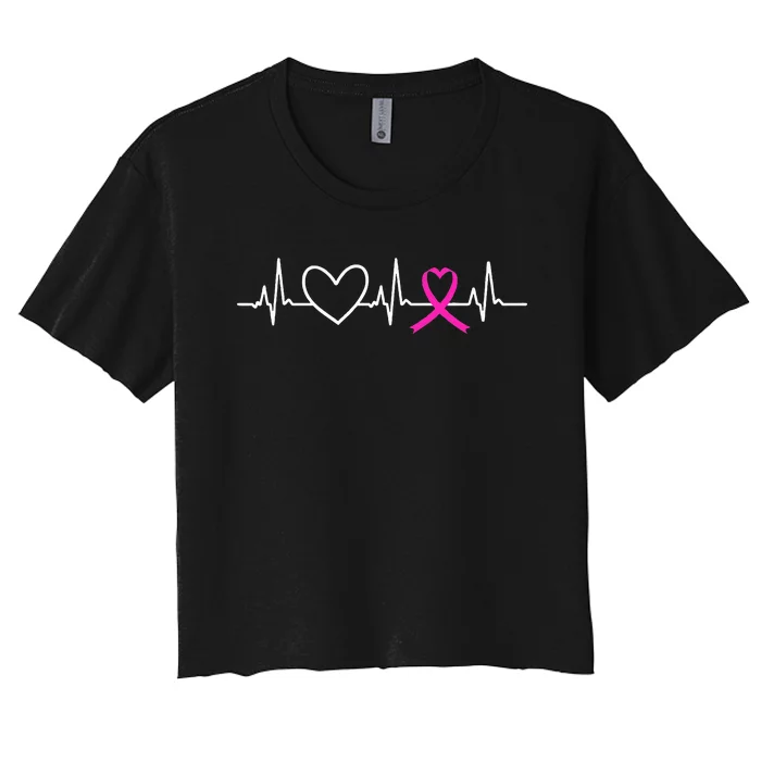 Breast Cancer Awareness Month Ribbon Heartbeat Women's Crop Top Tee