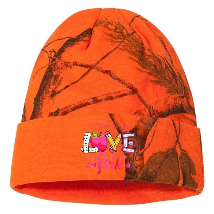 Breast Cancer Awareness Ribbon Teacher We Wear Kati - 12in Camo Beanie