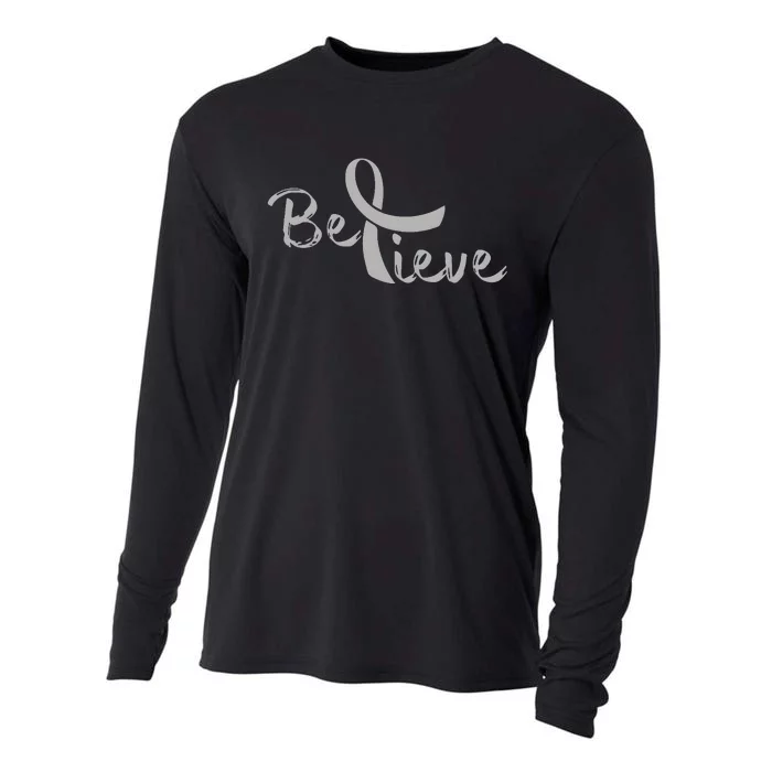 Brain Cancer Awareness Believe Cancer Grey Ribbon Cooling Performance Long Sleeve Crew