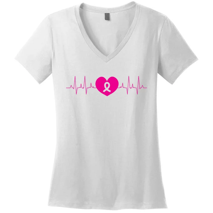 Breast Cancer Awareness Ribbon Heartbeat Women's V-Neck T-Shirt