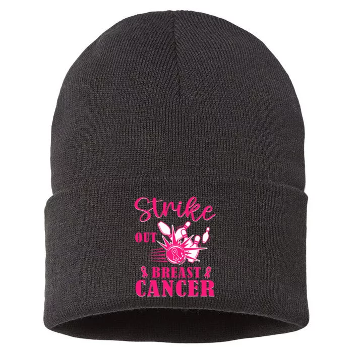 Breast Cancer Awareness Bowling Strike Out Ribbon Sustainable Knit Beanie