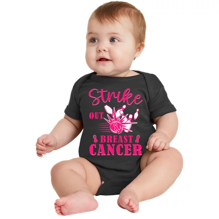 Breast Cancer Awareness Bowling Strike Out Ribbon Baby Bodysuit