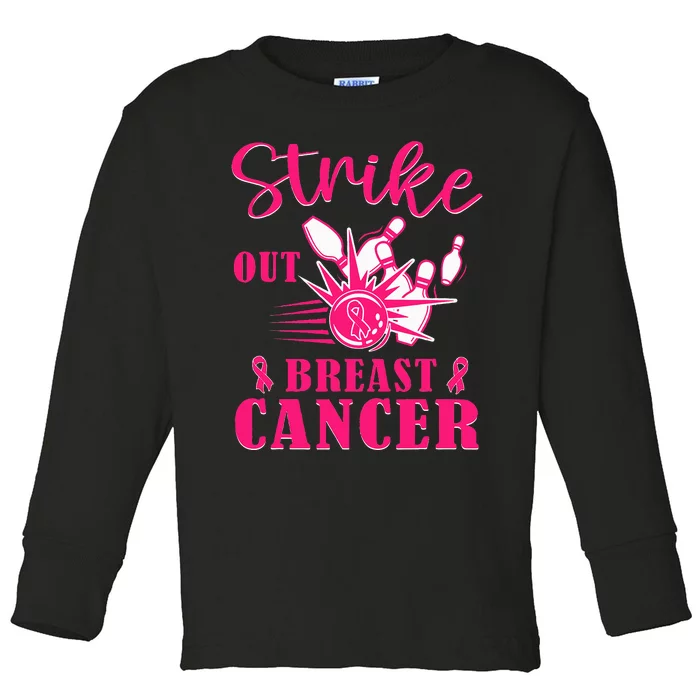 Breast Cancer Awareness Bowling Strike Out Ribbon Toddler Long Sleeve Shirt