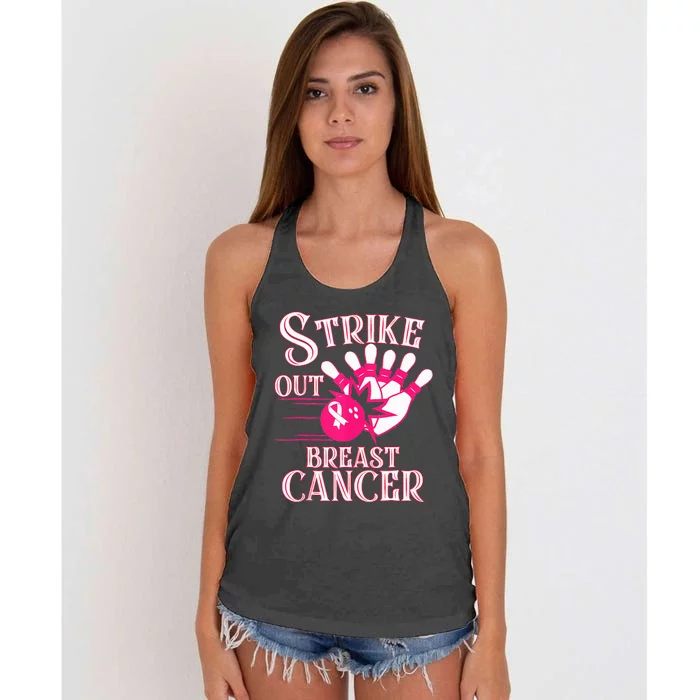 Breast Cancer Awareness Bowling Strike Out Ribbon Women's Knotted Racerback Tank