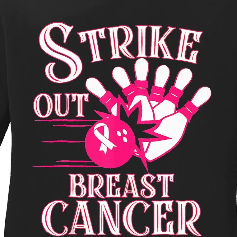 Breast Cancer Awareness Bowling Strike Out Ribbon Ladies Long Sleeve Shirt