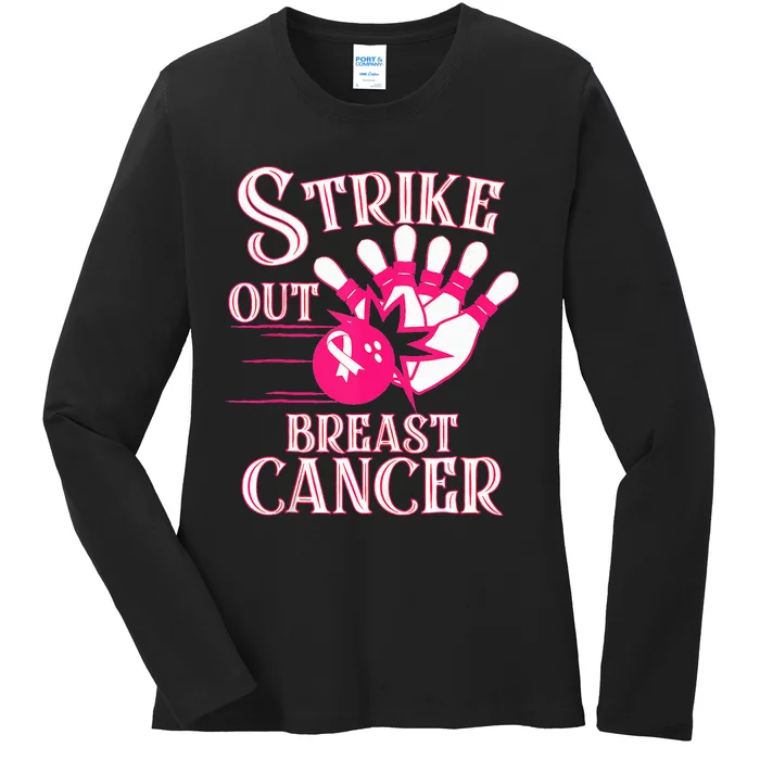 Breast Cancer Awareness Bowling Strike Out Ribbon Ladies Long Sleeve Shirt