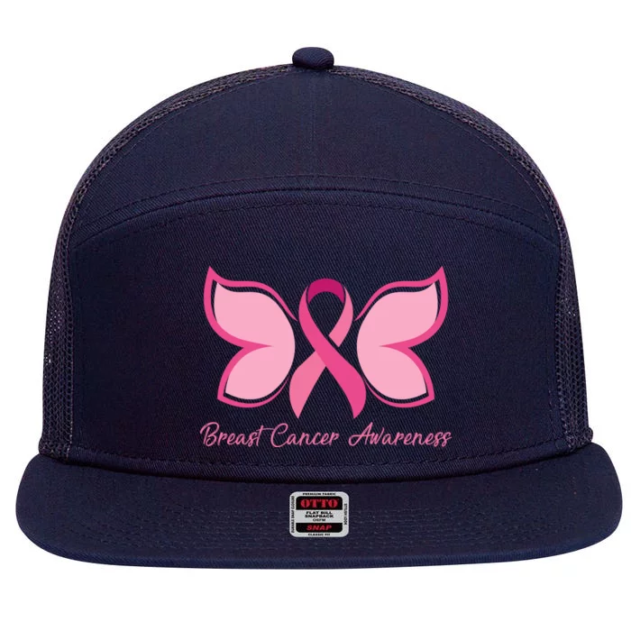 Breast Cancer Awareness Butterfly Pink Ribbon 7 Panel Mesh Trucker Snapback Hat