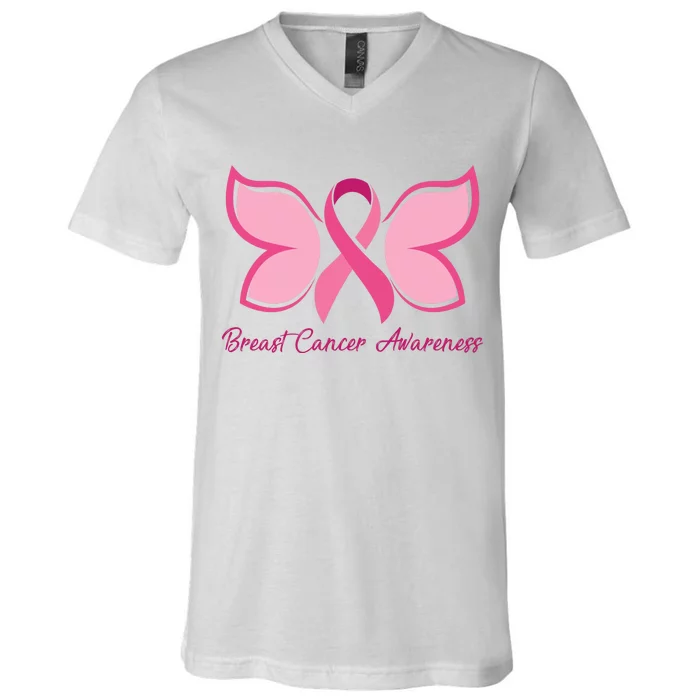 Breast Cancer Awareness Butterfly Pink Ribbon V-Neck T-Shirt