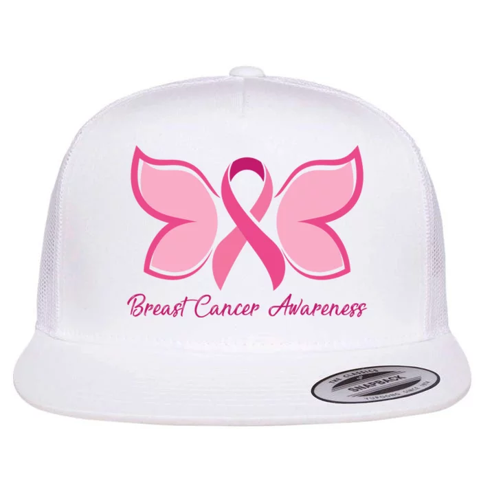 Breast Cancer Awareness Butterfly Pink Ribbon Flat Bill Trucker Hat