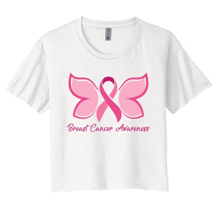 Breast Cancer Awareness Butterfly Pink Ribbon Women's Crop Top Tee