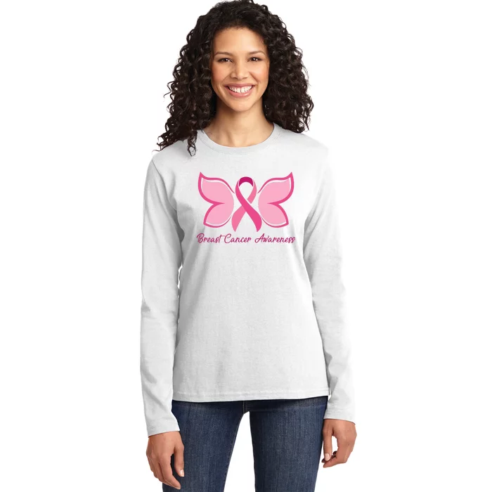 Breast Cancer Awareness Butterfly Pink Ribbon Ladies Long Sleeve Shirt