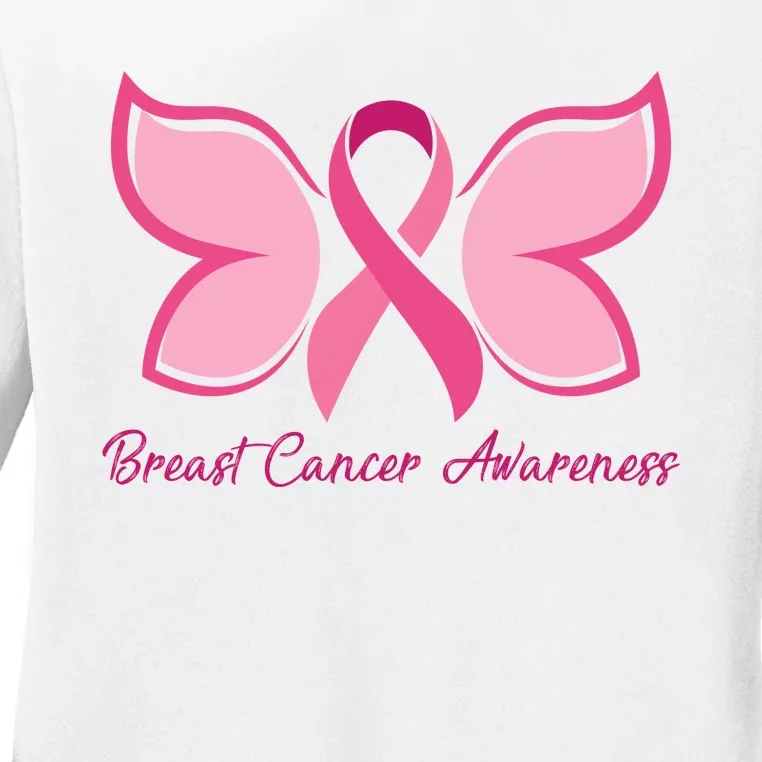 Breast Cancer Awareness Butterfly Pink Ribbon Ladies Long Sleeve Shirt