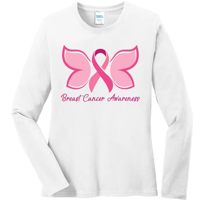 Breast Cancer Awareness Butterfly Pink Ribbon Ladies Long Sleeve Shirt