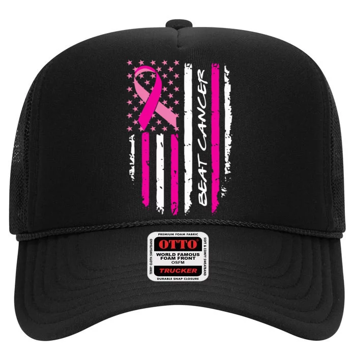 Breast Cancer Awareness USA Distressed Flag High Crown Mesh Trucker Hat