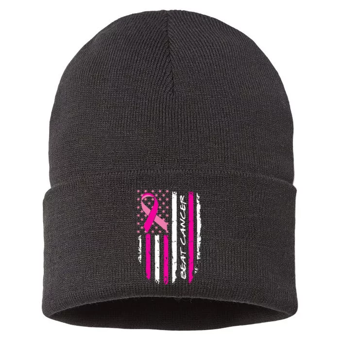 Breast Cancer Awareness USA Distressed Flag Sustainable Knit Beanie