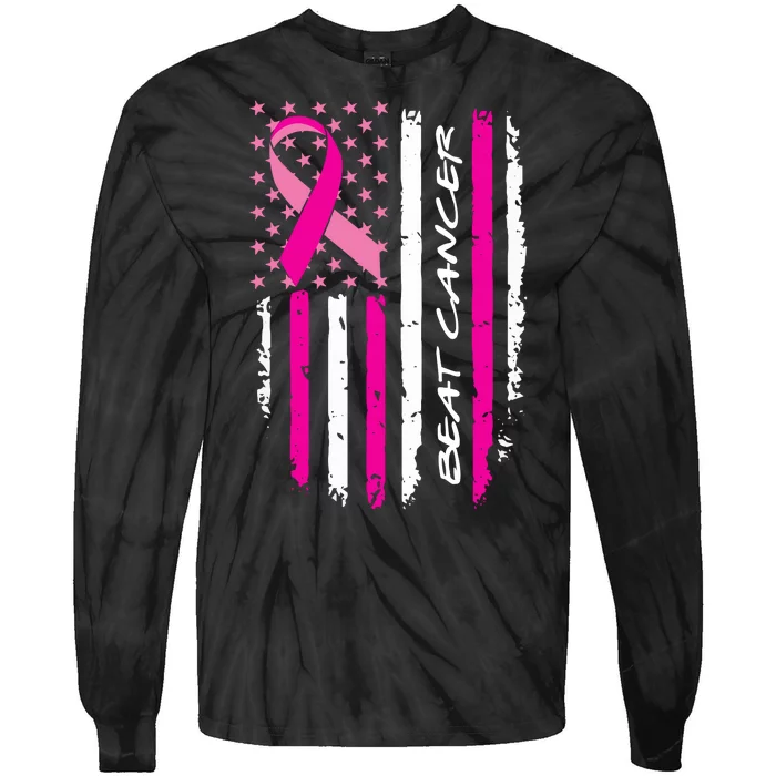 Breast Cancer Awareness USA Distressed Flag Tie-Dye Long Sleeve Shirt