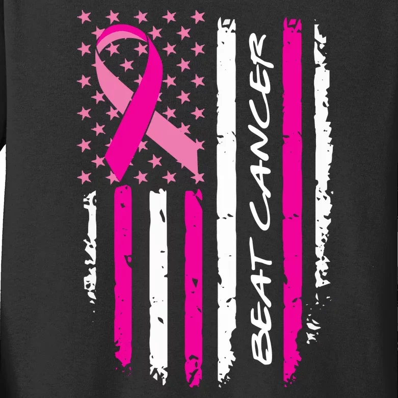 Breast Cancer Awareness USA Distressed Flag Kids Long Sleeve Shirt