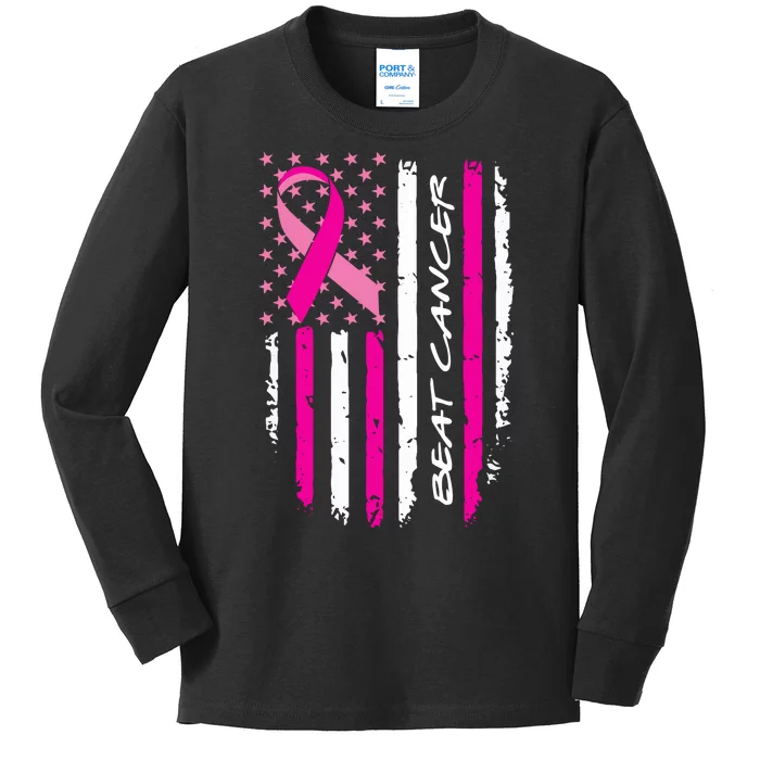 Breast Cancer Awareness USA Distressed Flag Kids Long Sleeve Shirt