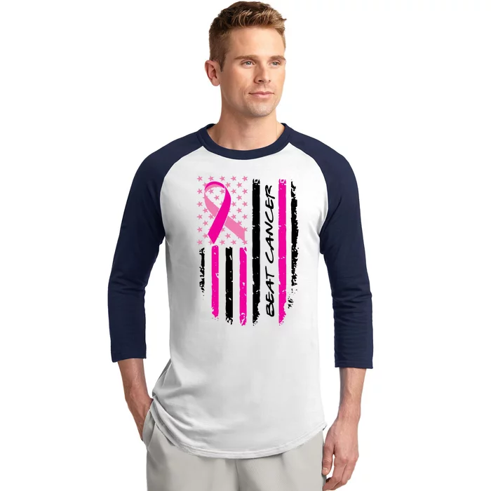 Breast Cancer Awareness USA Distressed Flag Baseball Sleeve Shirt