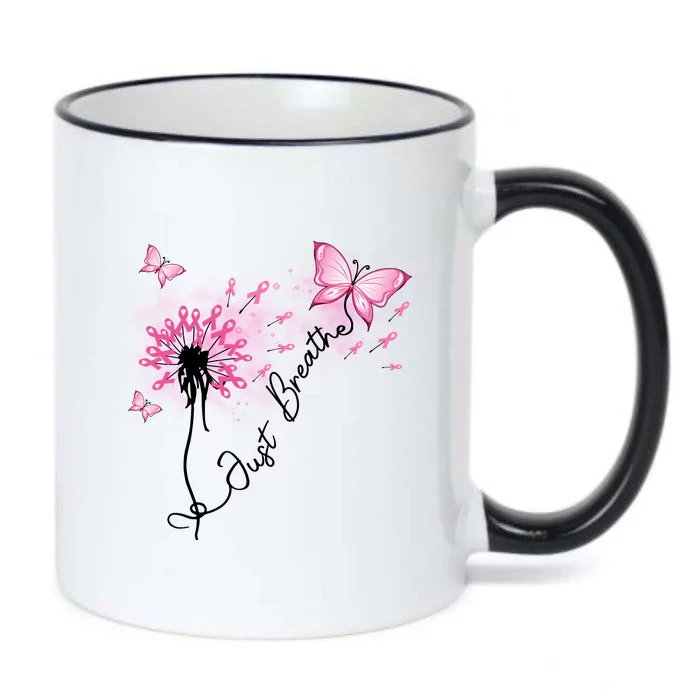 Breast Cancer Awareness Just Breathe Dandelion Pink Ribbon Butterfly Black Color Changing Mug