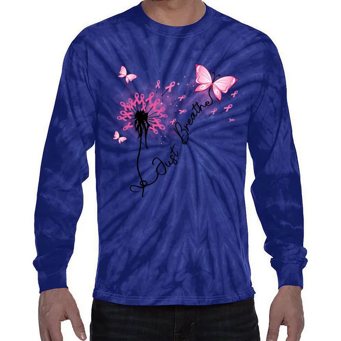 Breast Cancer Awareness Just Breathe Dandelion Pink Ribbon Butterfly Tie-Dye Long Sleeve Shirt