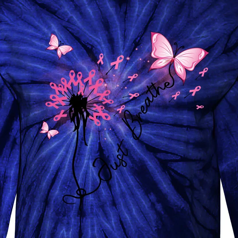 Breast Cancer Awareness Just Breathe Dandelion Pink Ribbon Butterfly Tie-Dye Long Sleeve Shirt