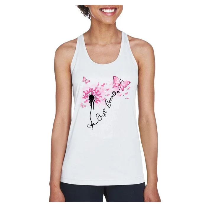 Breast Cancer Awareness Just Breathe Dandelion Pink Ribbon Butterfly Women's Racerback Tank