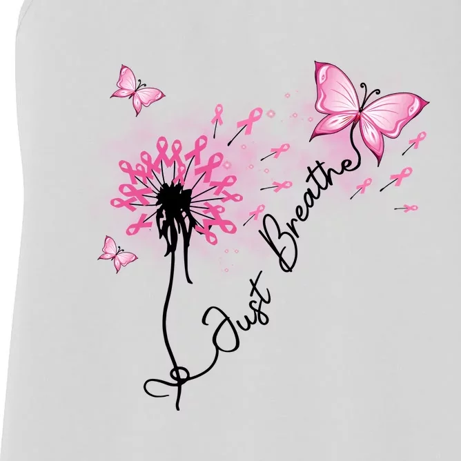 Breast Cancer Awareness Just Breathe Dandelion Pink Ribbon Butterfly Women's Racerback Tank