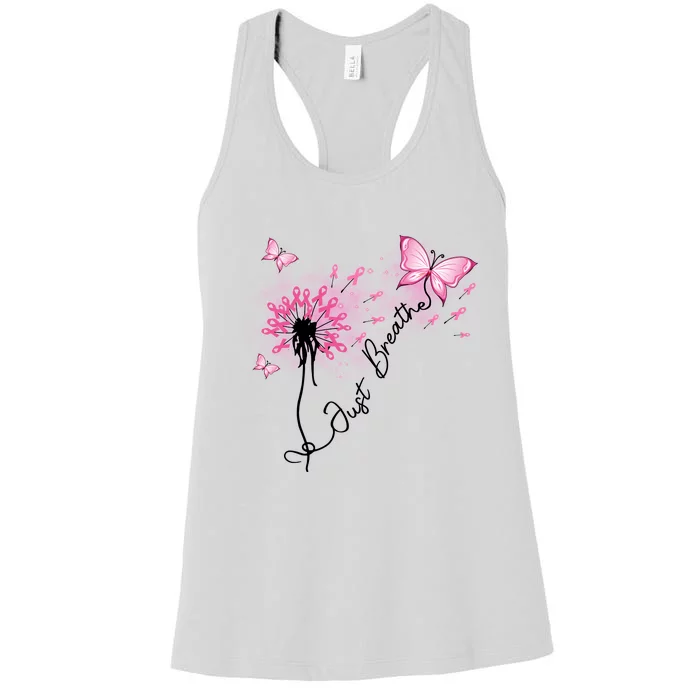 Breast Cancer Awareness Just Breathe Dandelion Pink Ribbon Butterfly Women's Racerback Tank