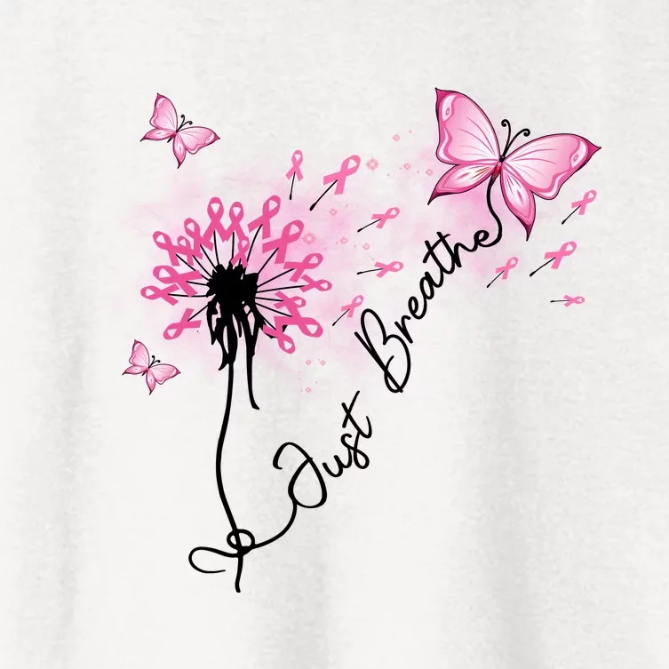 Breast Cancer Awareness Just Breathe Dandelion Pink Ribbon Butterfly Women's Crop Top Tee