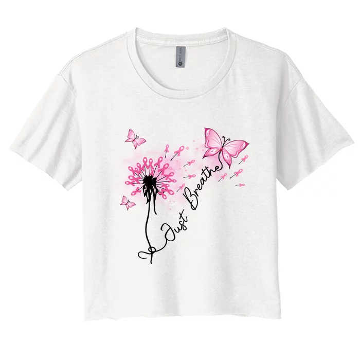 Breast Cancer Awareness Just Breathe Dandelion Pink Ribbon Butterfly Women's Crop Top Tee