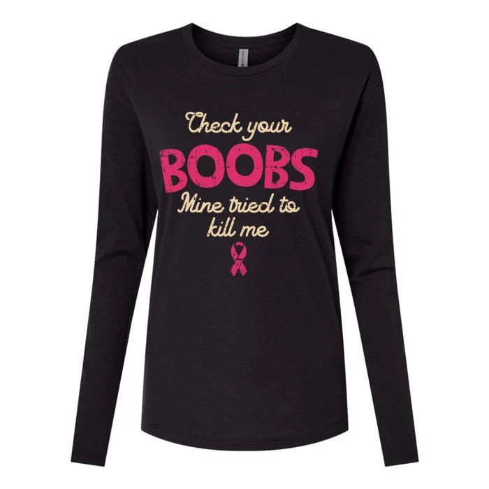 Breast Cancer Awareness Check Your Boobs Survivor Gift Womens Cotton Relaxed Long Sleeve T-Shirt