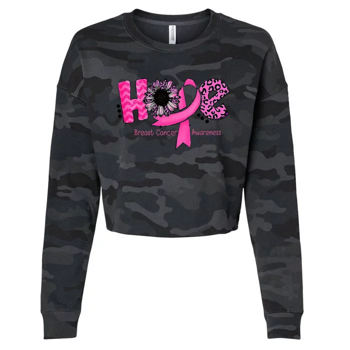 Breast Cancer Awareness Hope Ribbon Leopard Sunflower Cropped Pullover Crew